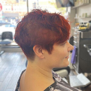 Woman's pixie haircut, color, and style