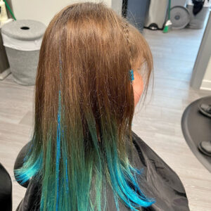 Mermaid Hair. Blue ombre hair with colored tinsel.